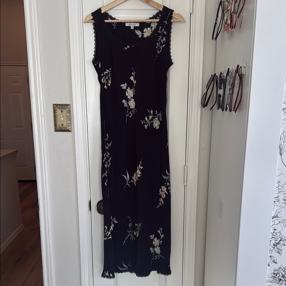 Vintage 90s lace trim dark floral midi dress